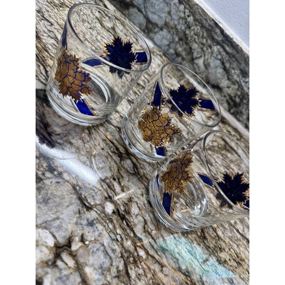 Vintage lot Of 3 MCM 22k Fred Press Signed Blue 22K Gold Rocks Glass 3.5 Leaf - Picture 2 of 9